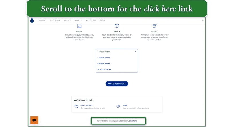 screenshot of blue apron's pause account page with small print cancelation text highlighted
