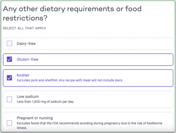 Screenshot showcasing PlateJoy's diverse diet options