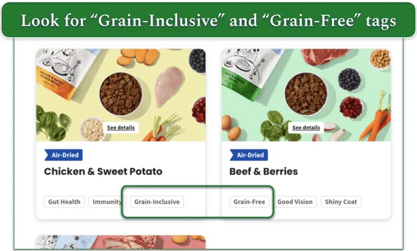 The Pets Table Air Dried meals menu with grain-related tags highlighted