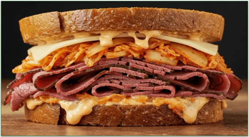 Reuben sandwich with kimchi, layered with corned beef and melted cheese.