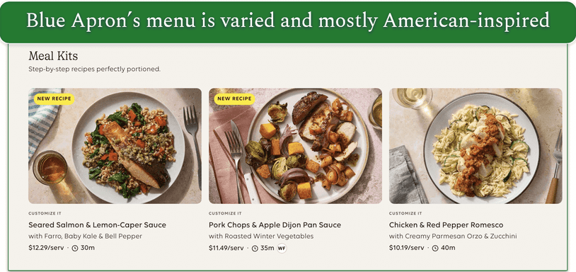 screenshot of blue apron's menu