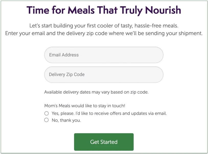a screenshot of mom's meals' email collection screen