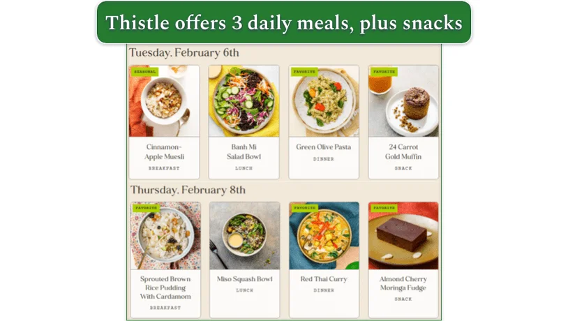 Thistle's menu for 2 days, with meals arranged on plates