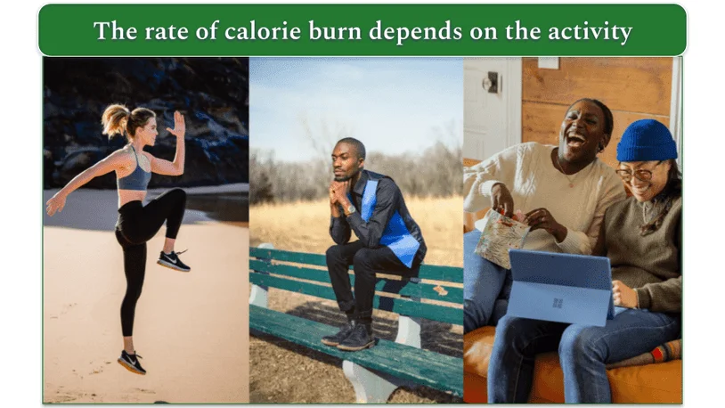 A woman doing a workout, a man sitting peacefully on a bench, and a couple laughing on the sofa