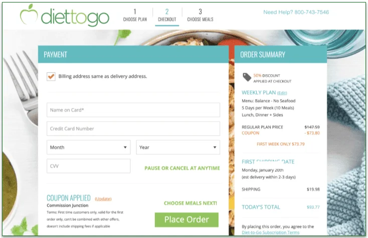 Diet-to-Go's payment screen with discount code applied