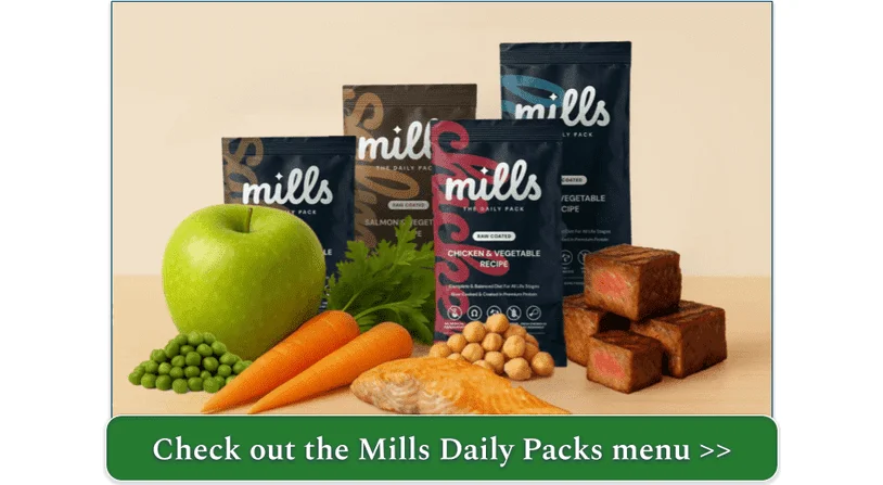 Selection of Mills Daily Packs in different sizes surrounded by fresh ingredients