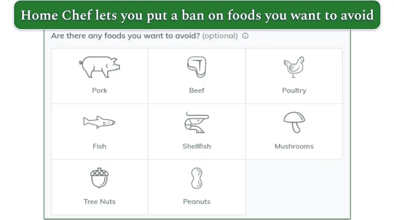 Screenshot from the Home Chef sign-up page, where you can omit foods you want to avoid.