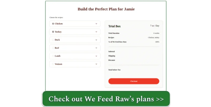 A screenshot of We Feed Raw's signup page with suggested meals