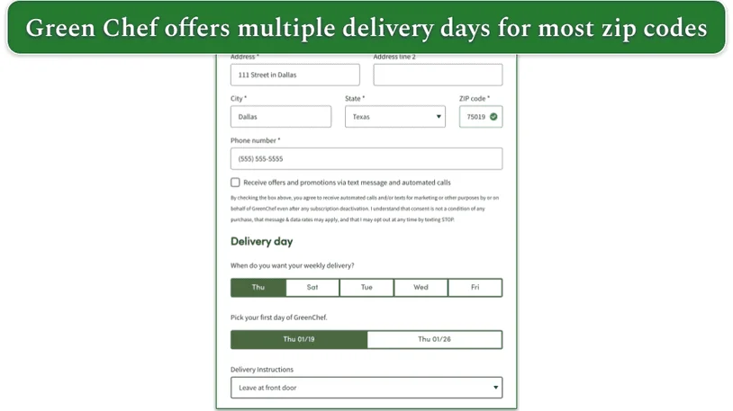 screenshot of Green Chef's delivery day avilability