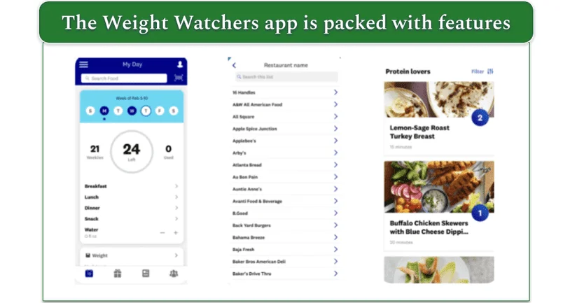 Screen captures of various WW app features