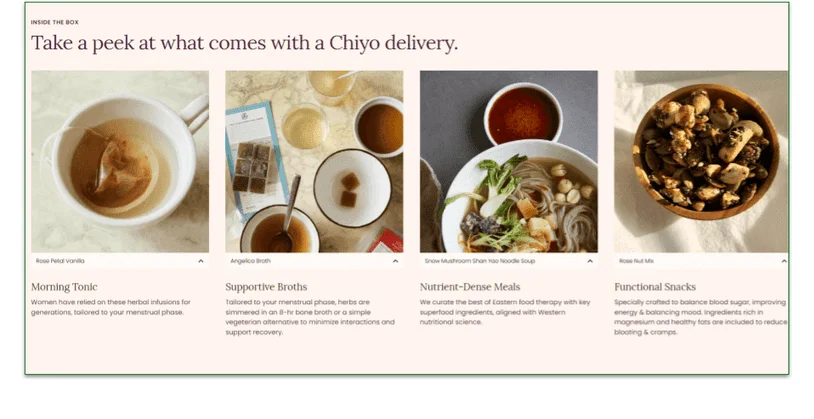 Description and images of the Chiyo delivery items including tonics, broths, meals, and snacks