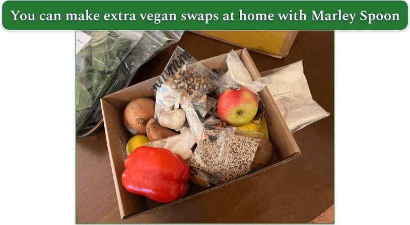 An open Marley Spoon box with dairy-free ingredients