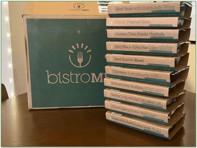 BistroMD box and stack of meals