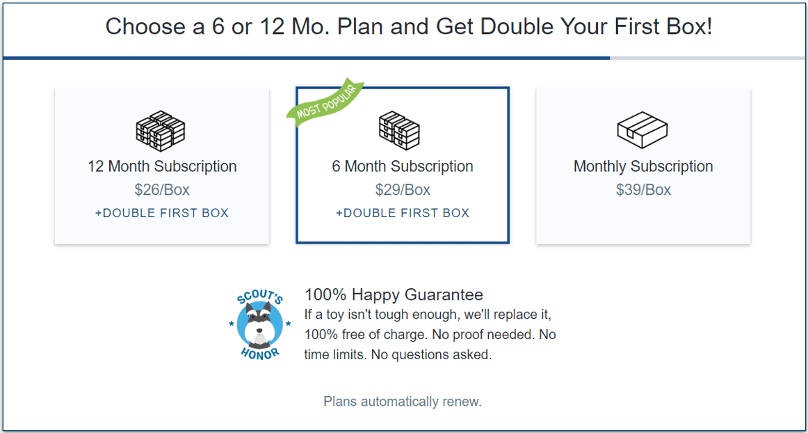 Pricing options for BarkBox Super Chewer subscriptions