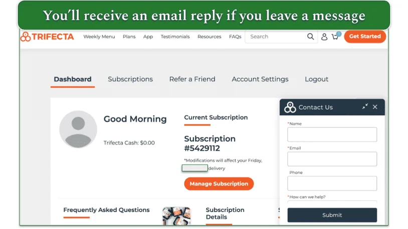 Trifecta's chat window in the account dashboard
