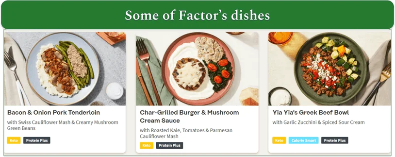Screenshot of 3 dishes on Factor's menu