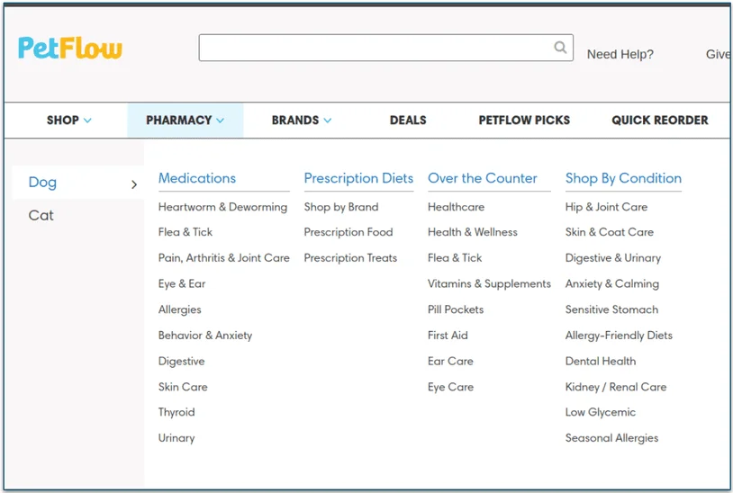 PetFlow's Pharmacy section