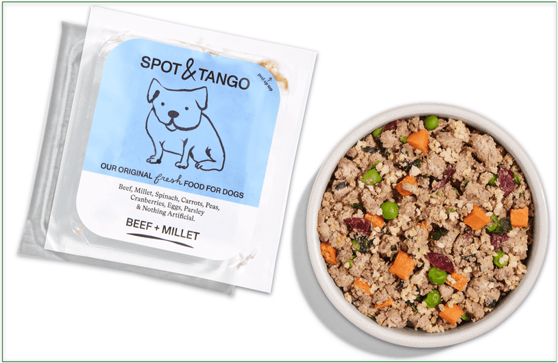 Spot & Tango's Beef & Millet recipe in packaging and served in a bowl