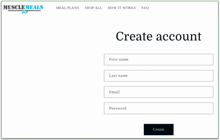 Muscle Meals to Go's Create account page