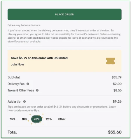 screenshot of review Postmates delivery total price including fees and tip