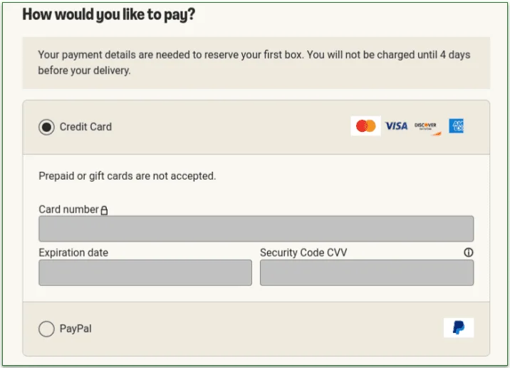 hellofresh sign up quiz - how would you like to pay?
