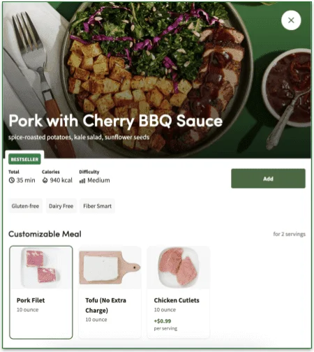 A Green Chef recipe page displaying protein swap options