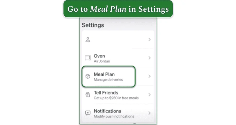 screenshot of the Tovala app settings with Meal Plan selected