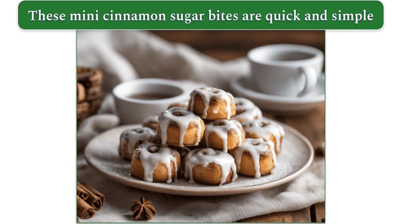 mini cinnamon roll sugar bites on a plate beside sticks of cinnamon and star anise