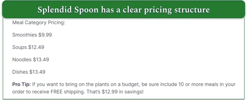 screenshot of pricing FAQ on Splendid Spoon detailing costs for each dish and free shipping for 10  or more meals