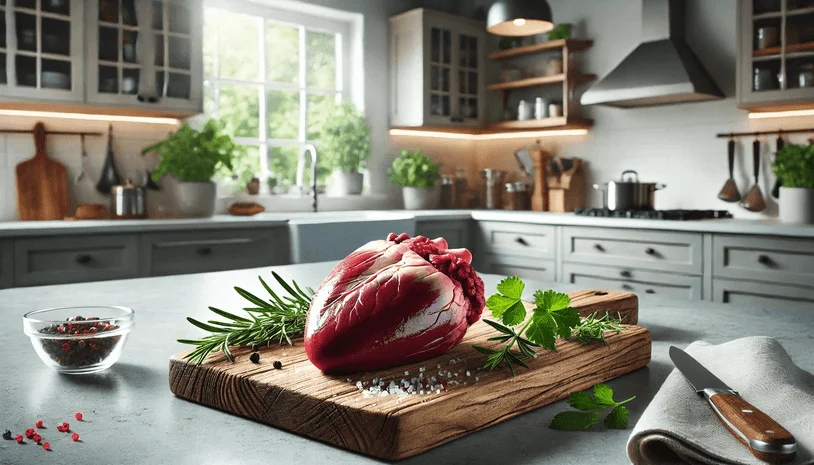 Beef heart on a chopping board in a kitchen