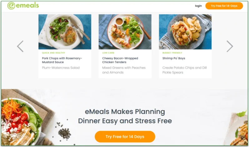 Screenshot of eMeals' homepage