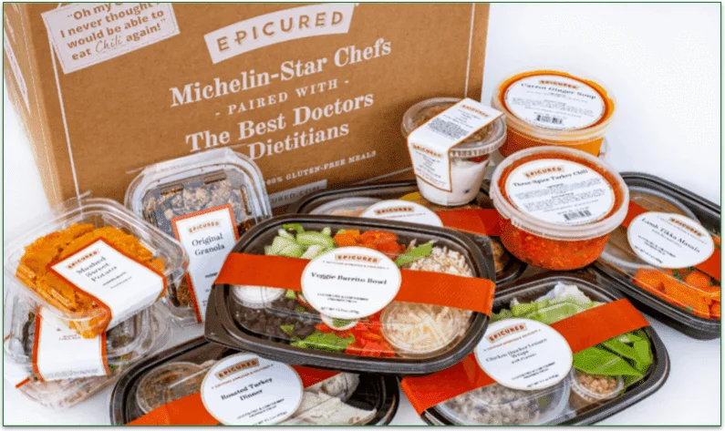 Epicured delivery box with packaged meals displayed in front