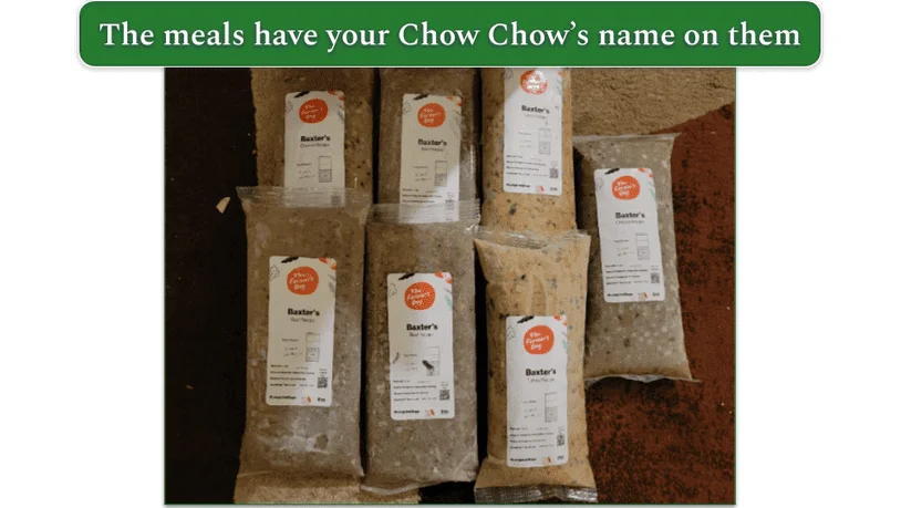 Seven packed dog food with pets name on it