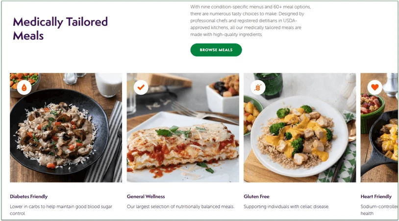 Screenshot of the Medically Tailored Meals page on Mom's Meals