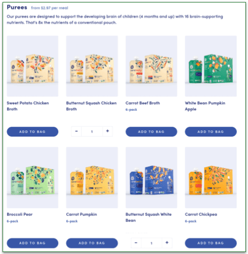 Screenshot of the Cerebelly menu, showing 8 puree recipes