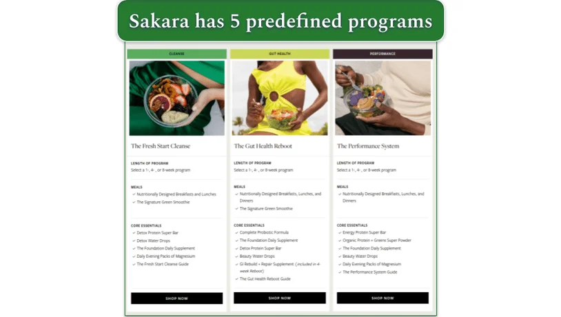 Screenshot of 3 of Sakara's nutrition programs or systems