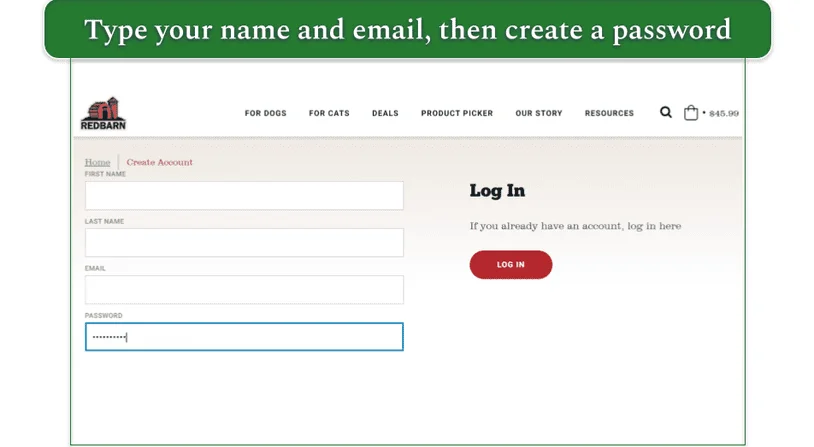 The Signup page on the Redbarn site