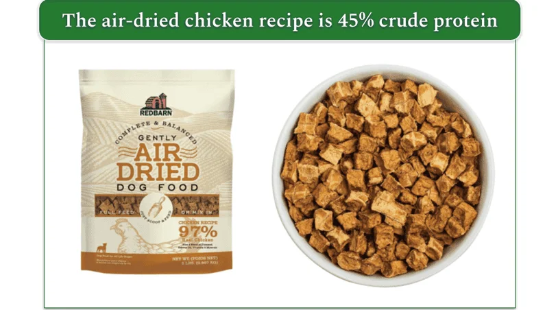 Redbarn's air-dried chicken recipe in a pack and served in a bowl