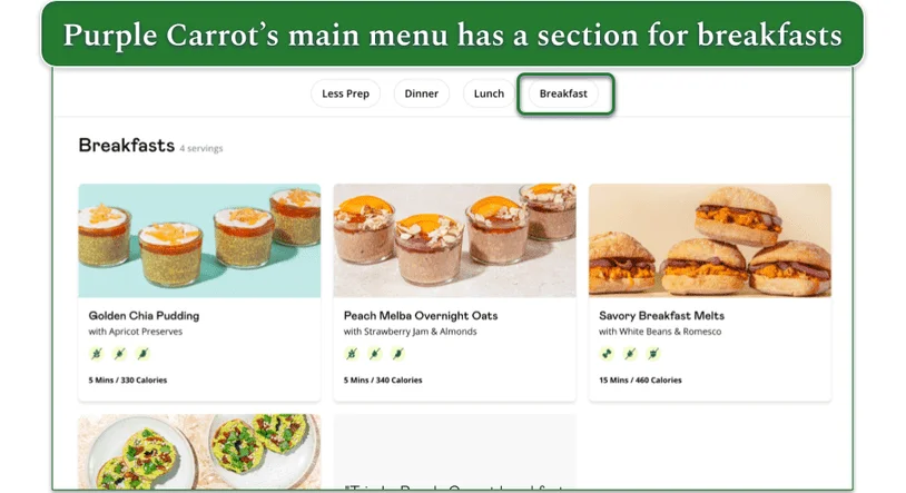 Purple Carrot’s main menu breakfast section