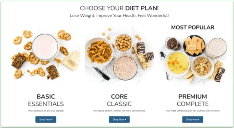 Diet Direct's basic, core, and premium plan options