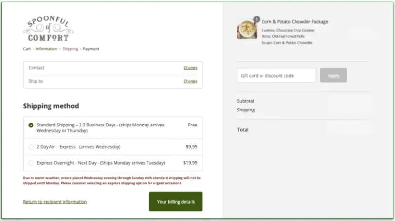 Screenshot of Spoonful of Comfort's checkout page with shipping options