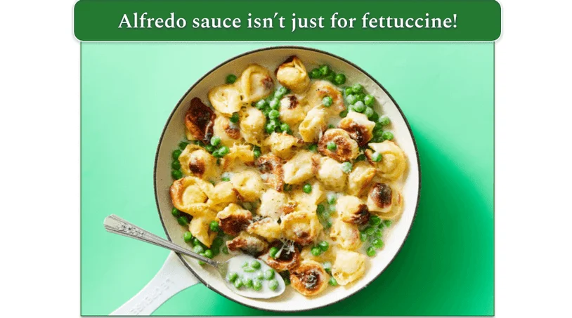 Dinnerly's Easy Peas-y Tortelloni Alfredo dish