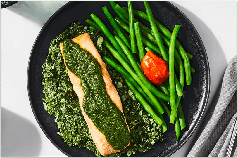 Factor's Pesto Salmon with Creamed Spinach & Tomato Butter Haricots Verts