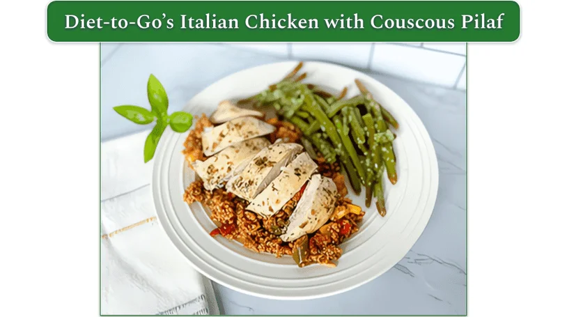 a screenshot of diet-to-go's Italian Chicken with couscous pilaf and roasted green beans