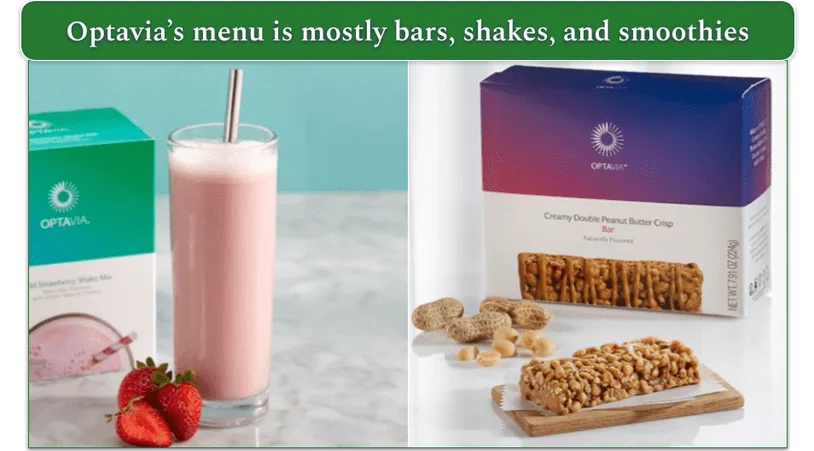 Two stock photos of a Strawberry Shake and a Creamy Double Peanut Butter Crisp Bar from Optavia