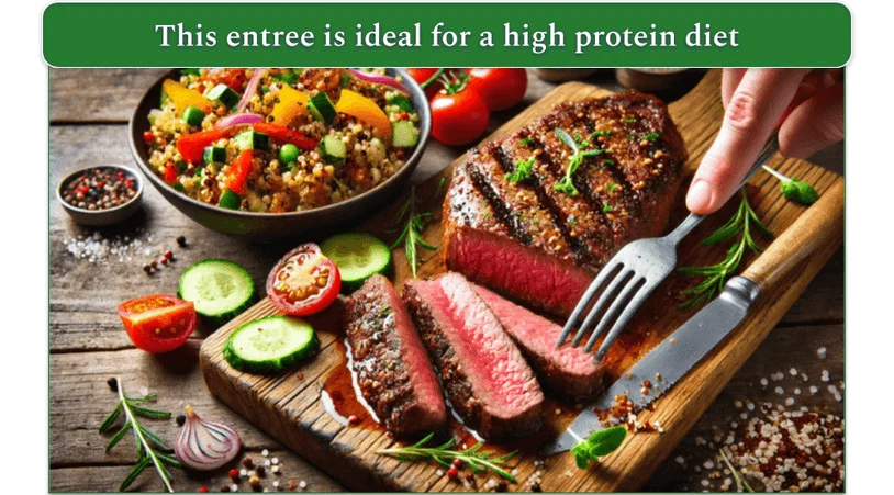 Steak sliced on a cutting board accompanied by a grain salad in a bowl, pieces of onion, tomato, and cucumber, and spices.