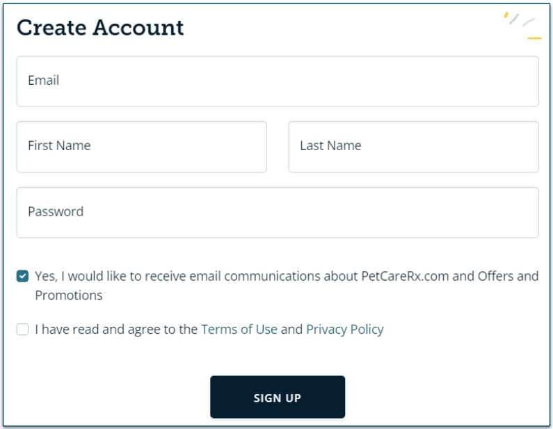 Image of the Create Account on PetCareRx