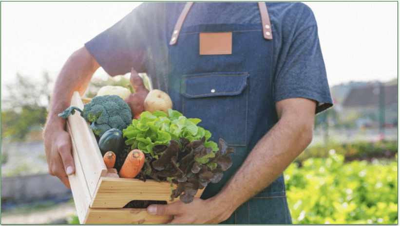 A man carrying a wooden box full of organic produce.