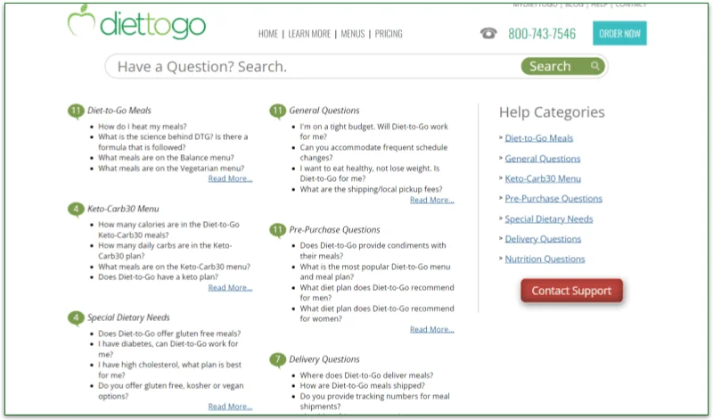 Screenshot of Diet-to-Go's FAQ page
