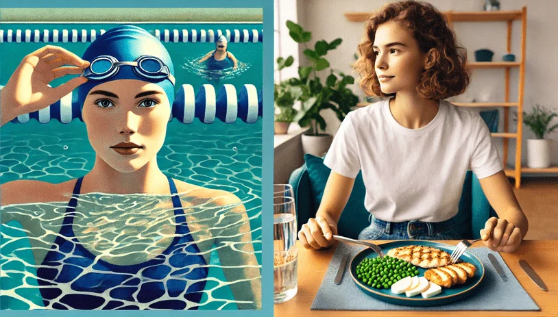2 images side by side of a swimmer coming out of the pool and a swimmer eating a balanced meal
